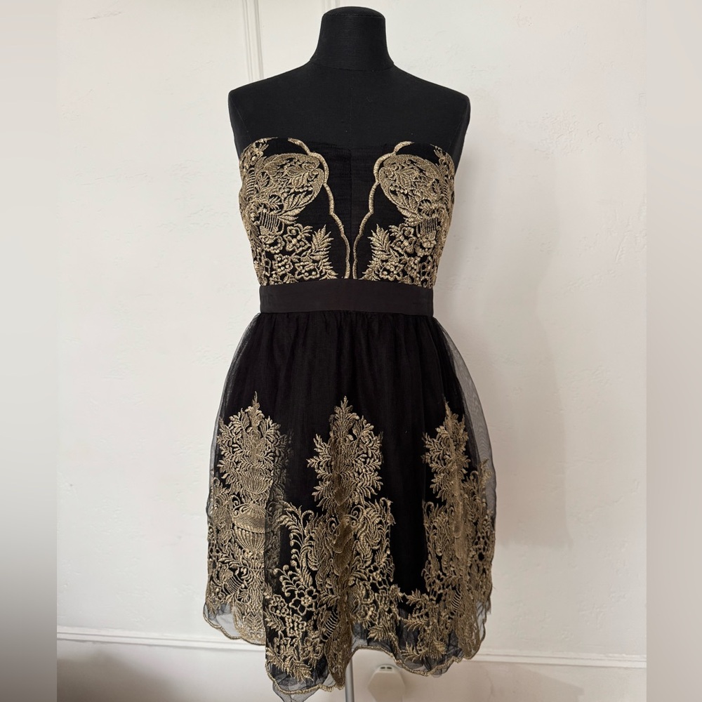 Minuet Petite Black and Gold Strapless A-line Dress